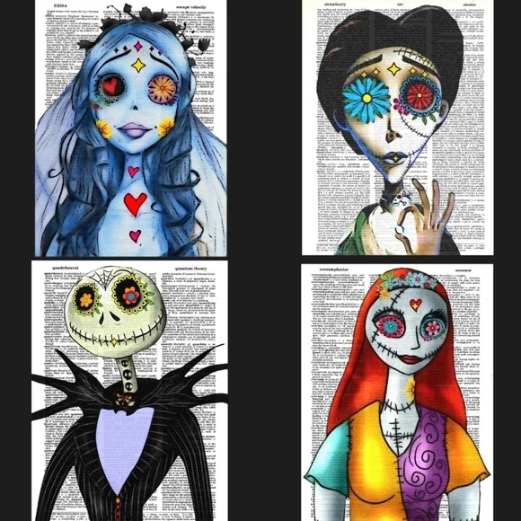 Nightmare Before Christmas Corpse Bride Tim Burton Dictionary Art Print Bundle - Picture 1 of 7